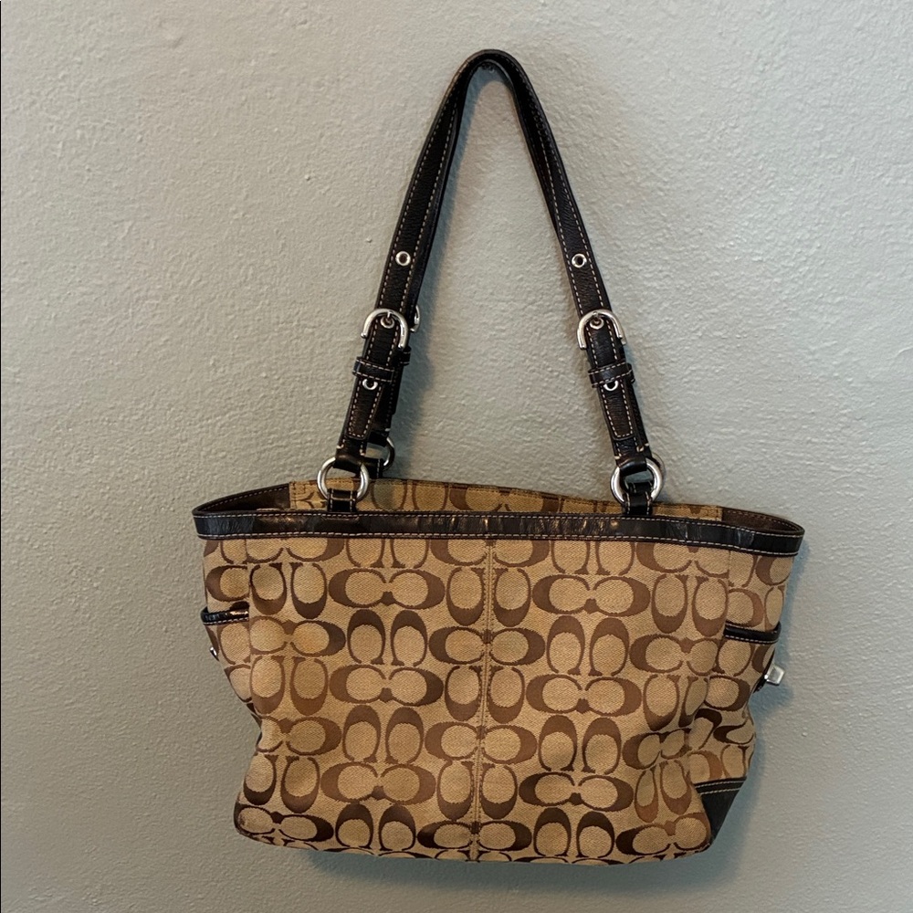 Coach Tan and Brown Signature Pleated Gallery Shoulder Handbag Tote - Picture 3 of 15